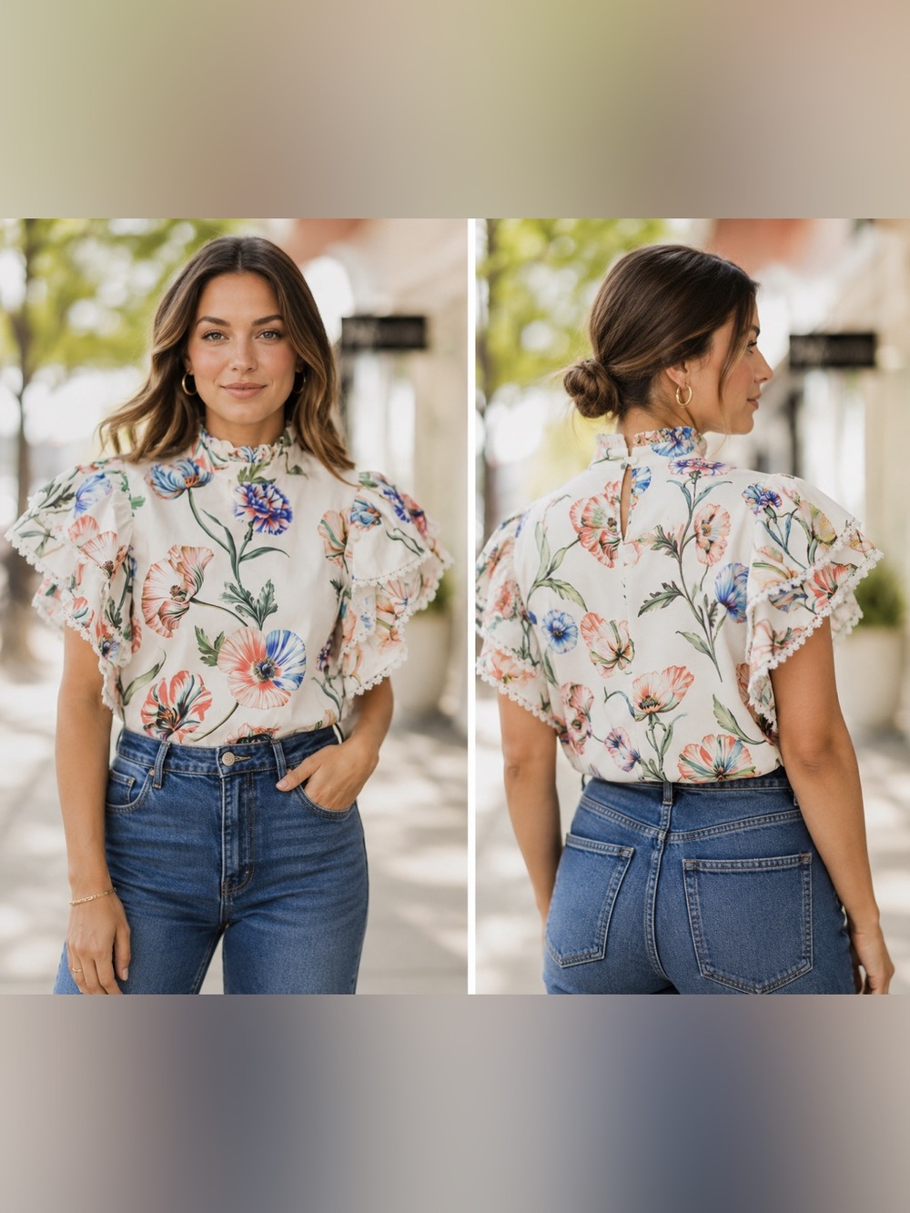 High-Neck Floral Ruffle Sleeve Blouse - Cream